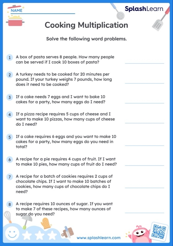 Worksheet 16 for practicing multiplication through baking scenarios in Earth and Space Science context Third grade baking-themed multiplication word problems worksheet with colorful illustrations