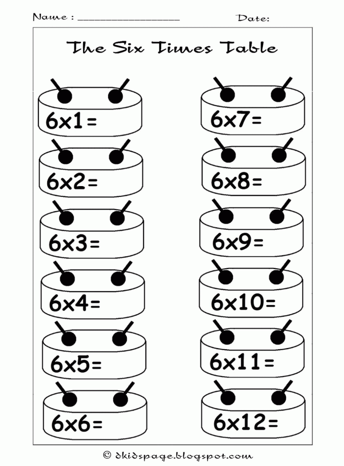 Third-grade times tables worksheet focusing on multiplying by six