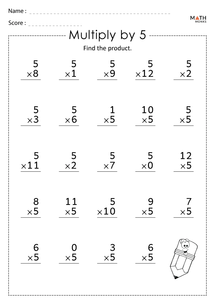 Practice sheet for multiplying by five designed for third graders, image 18 Third Grade multiplication worksheet focusing on the 5 times tables exercise