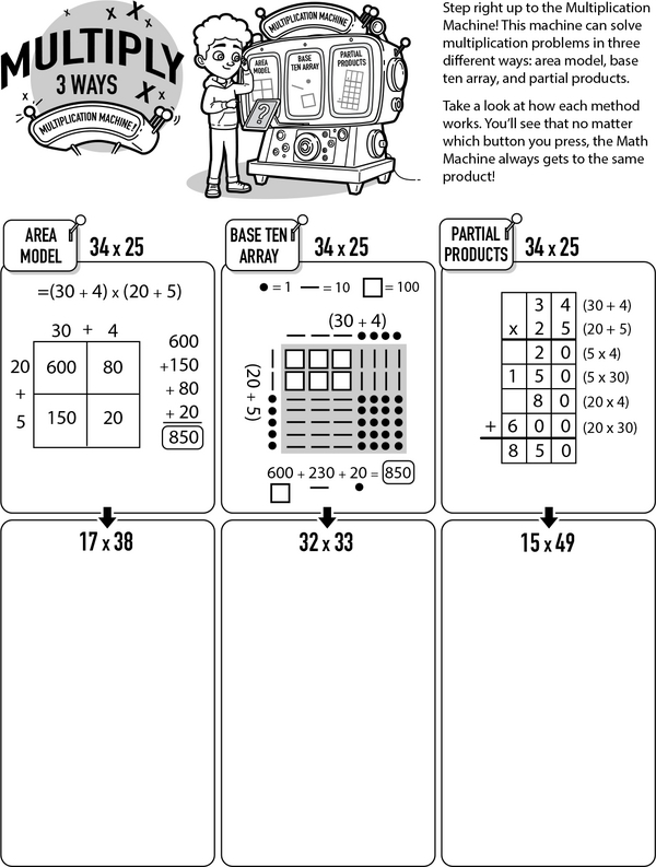 Third grade worksheet showing three methods to solve multiplication problems in a life science context
