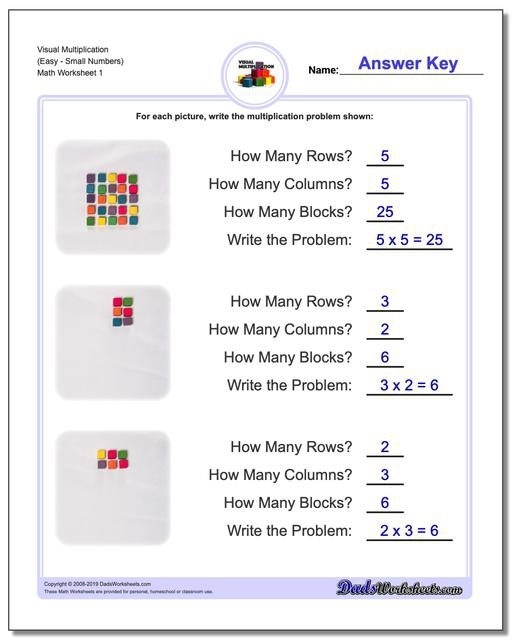 Third grade student completing a multiplication worksheet that shows multiplication in three different ways