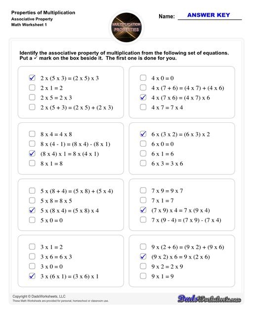 Worksheet featuring multiplication problems illustrating the associative property for third graders