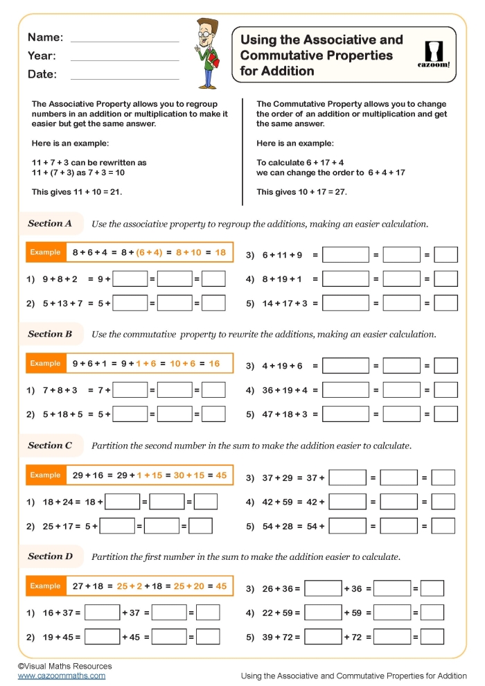 Worksheet illustrating multiplication and the associative property for third graders