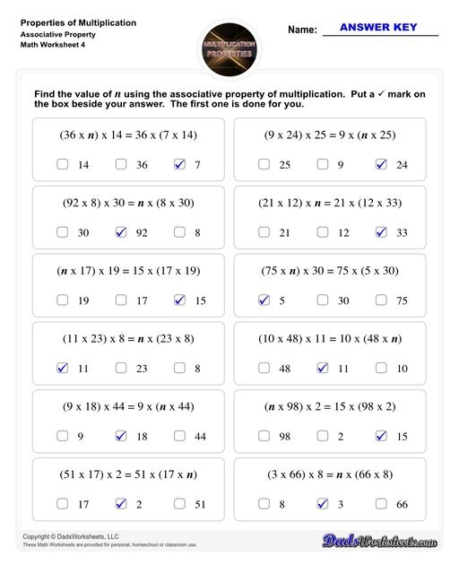 Worksheet for practicing multiplication using the associative property for third graders