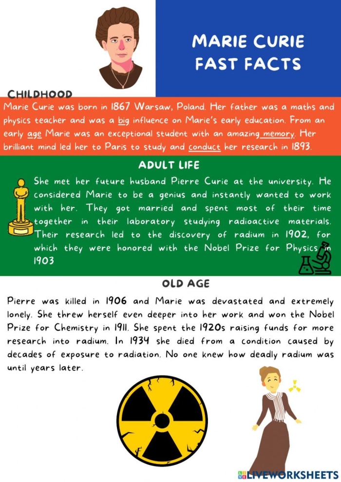 Explore the achievements of Marie Curie through this engaging educational worksheet Marie Curie worksheet for third-grade students learning about women in history and multiplication