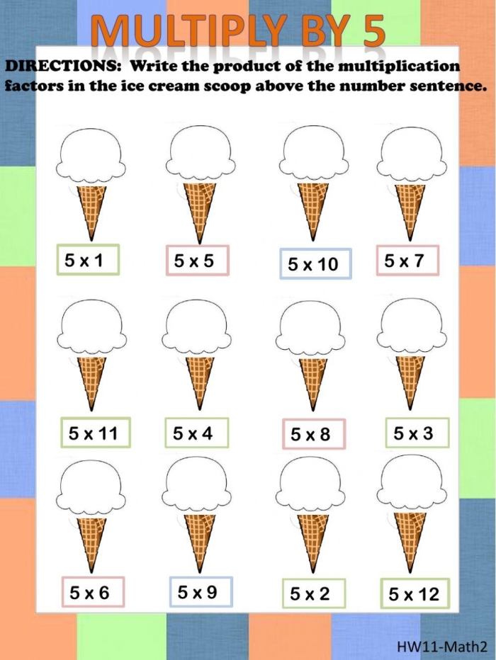 Worksheet to practice and improve skills multiplying numbers by five for third graders Third grade multiplication worksheet focusing on multiplying by 5