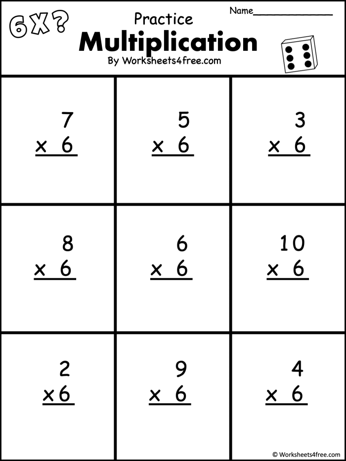 Third grade times tables worksheet focusing on multiplying by six
