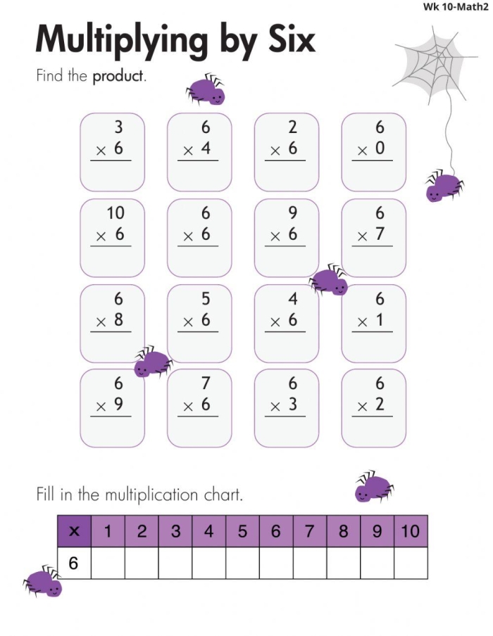 Third grade times tables worksheet focusing on multiplying by six