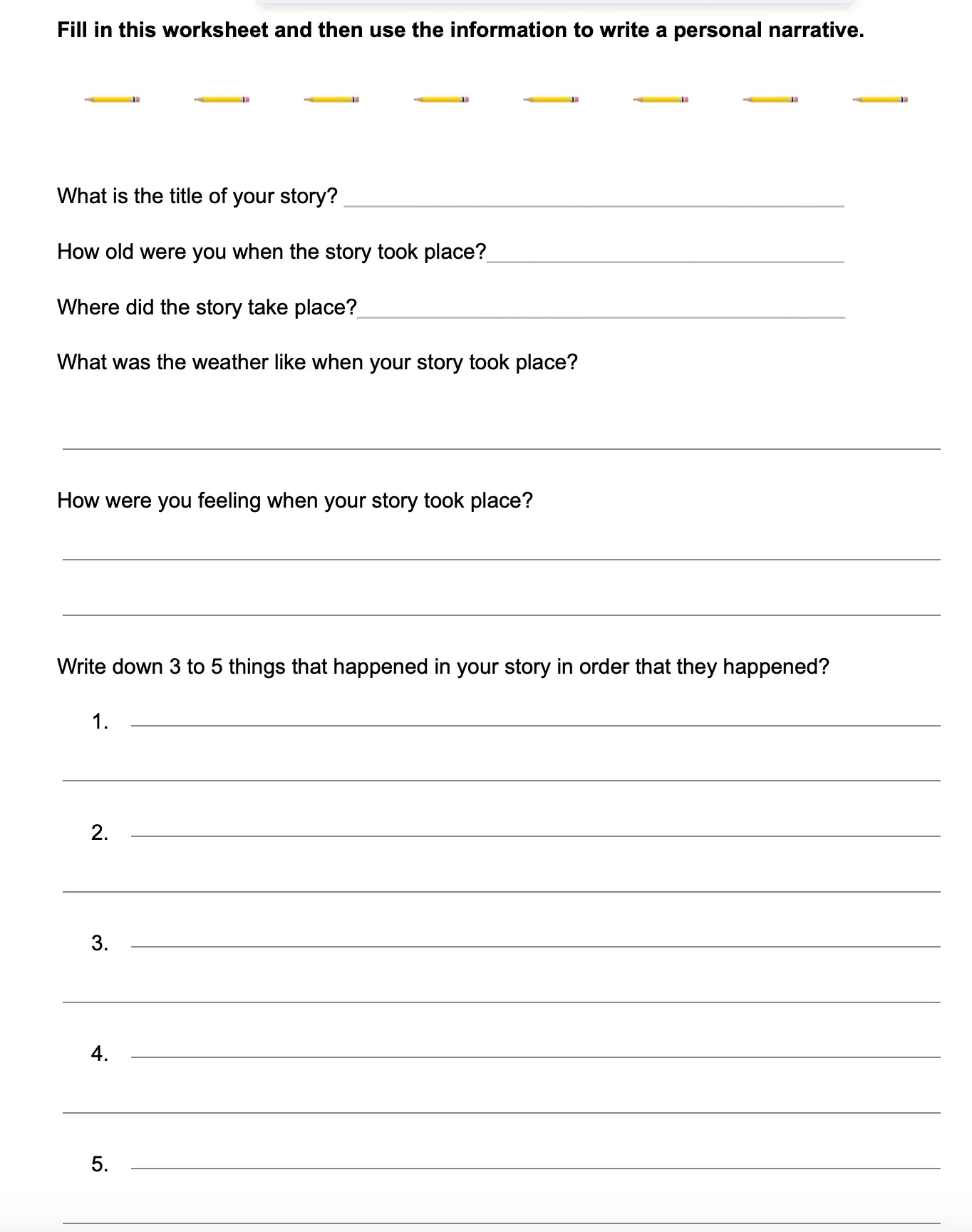 Worksheet for kids to practice writing about their own experiences and emotions in grade 3 Third grade personal narrative writing worksheet focusing on phonics and self-expression