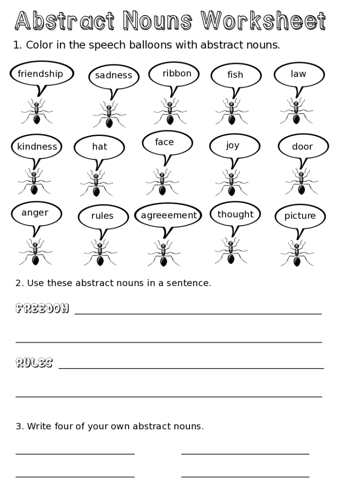 Sorting Activity for Concrete and Abstract Nouns in a Third Grade Geometry Worksheet 16 Third Grade geometry worksheet for sorting abstract and concrete nouns with colorful shapes
