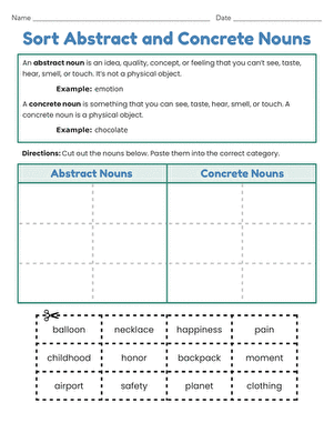 Engaging Sort Abstract and Concrete Nouns worksheet for third grade geometry learners Third grade students sorting abstract and concrete nouns on a colorful worksheet