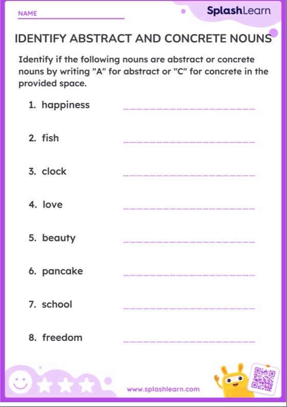 Engaging geometry activity for kids to identify abstract versus concrete nouns on worksheet 3 Third grade students sorting abstract and concrete nouns in a colorful worksheet