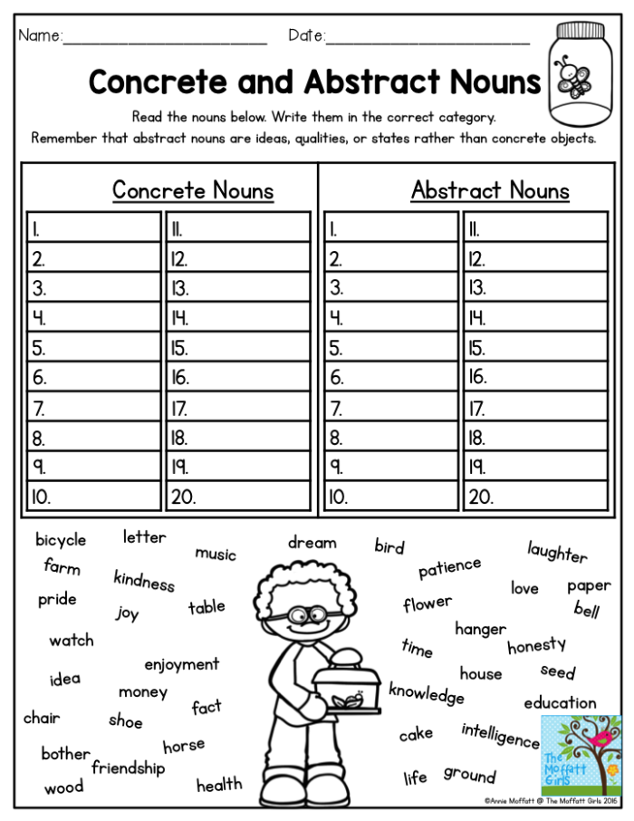 Geometry worksheet for third graders practicing abstract and concrete noun identification, image 15 Third grade students sorting abstract and concrete nouns on a geometry worksheet