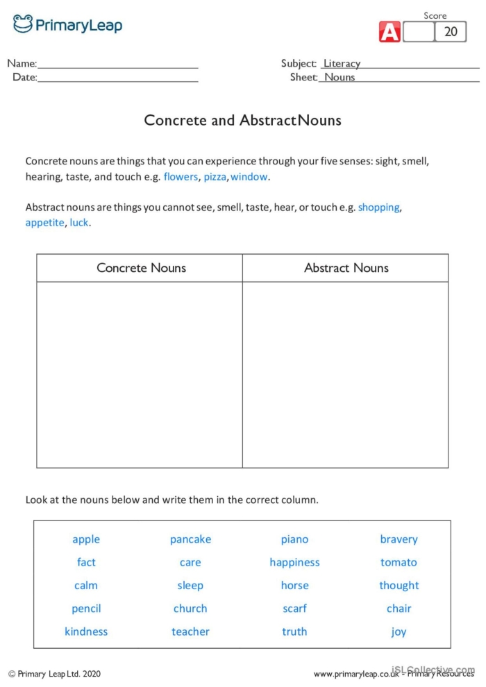 Engaging sorting exercise for abstract and concrete nouns, image 11 in the worksheet series Third grade students working on a Sort Abstract and Concrete Nouns worksheet in a geometry lesson