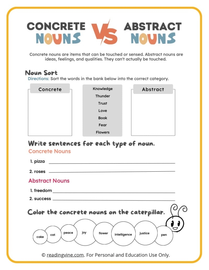 Geometry worksheet for third graders focusing on sorting concrete and abstract nouns activity 25 Third grade students sorting abstract and concrete nouns in a geometry-themed worksheet