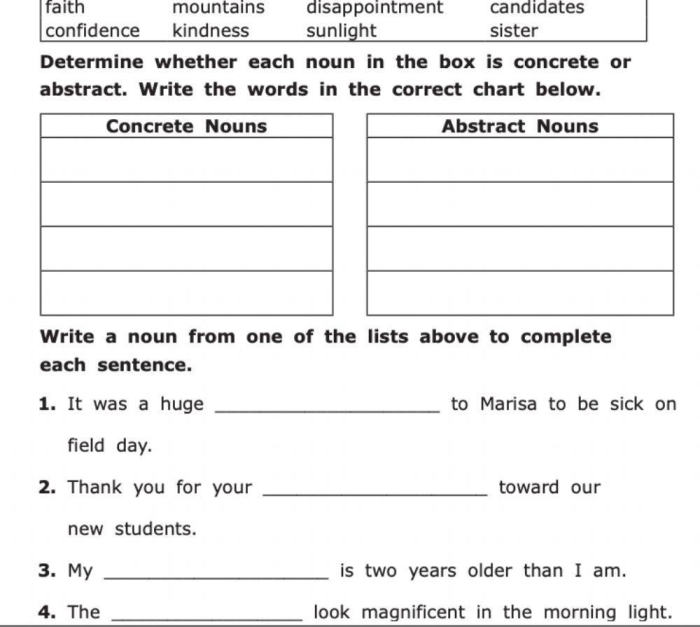 Engaging Sort Abstract and Concrete Nouns activity for third graders in geometry class Third grade students sorting abstract and concrete nouns on a worksheet related to geometry
