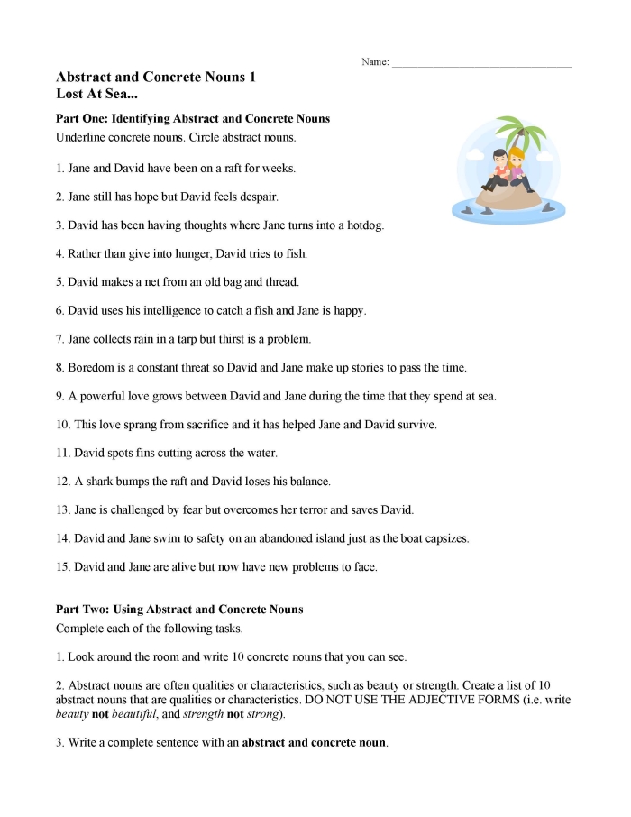 Geometry noun sorting worksheet for third graders practicing abstract and concrete noun identification Third grade students sorting abstract and concrete nouns on a worksheet focused on geometry concepts