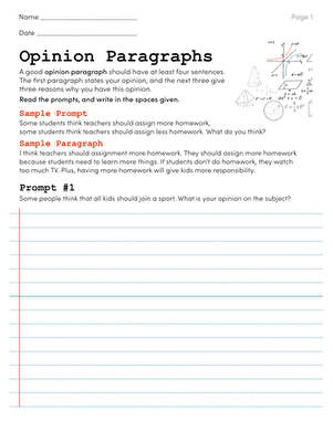 Opinion Paragraphs worksheet for third-grade writers, featuring three relatable prompts Young students engaging with prompts on an Opinion Paragraphs worksheet designed for third graders