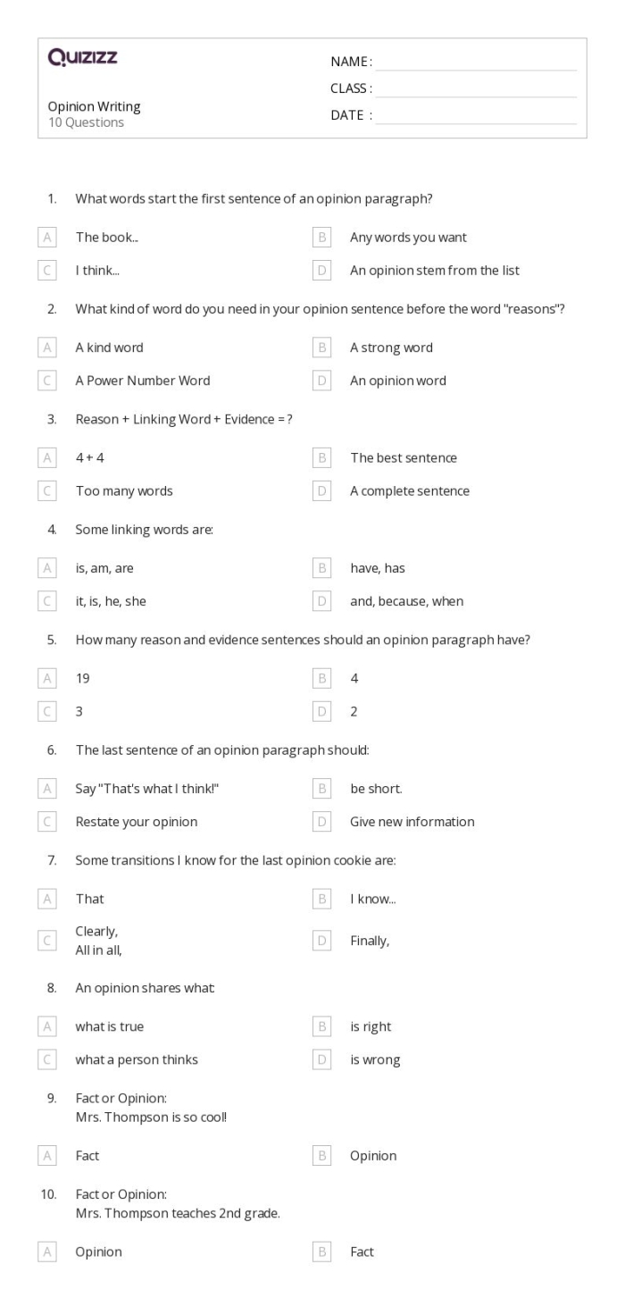 Third Grade Opinion Writing Check-In worksheet for assessing student responses