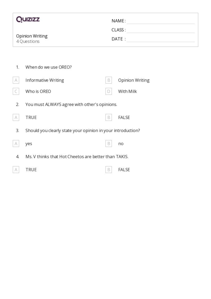 Third Grade Opinion Writing Check-In worksheet for student assessment