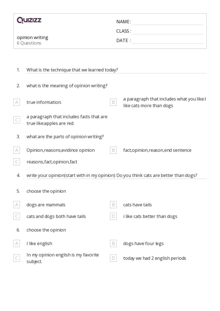 Third grade Opinion Writing Check-In worksheet for assessing student responses