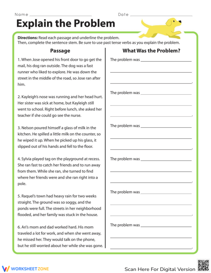 Worksheet for identifying and explaining problems in passages for third graders Third grade worksheet helping students explain the problem using past tense verbs