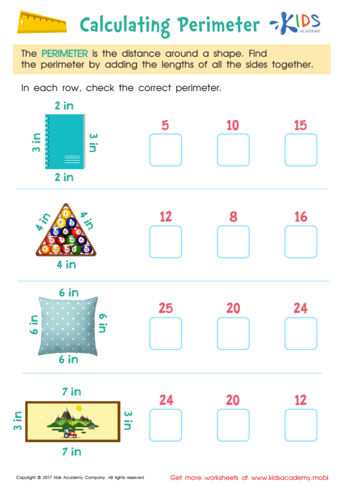 Interactive geometry worksheet for finding the perimeter of various shapes Third-grade student solving the Let's Go Around! Exploring Perimeter worksheet