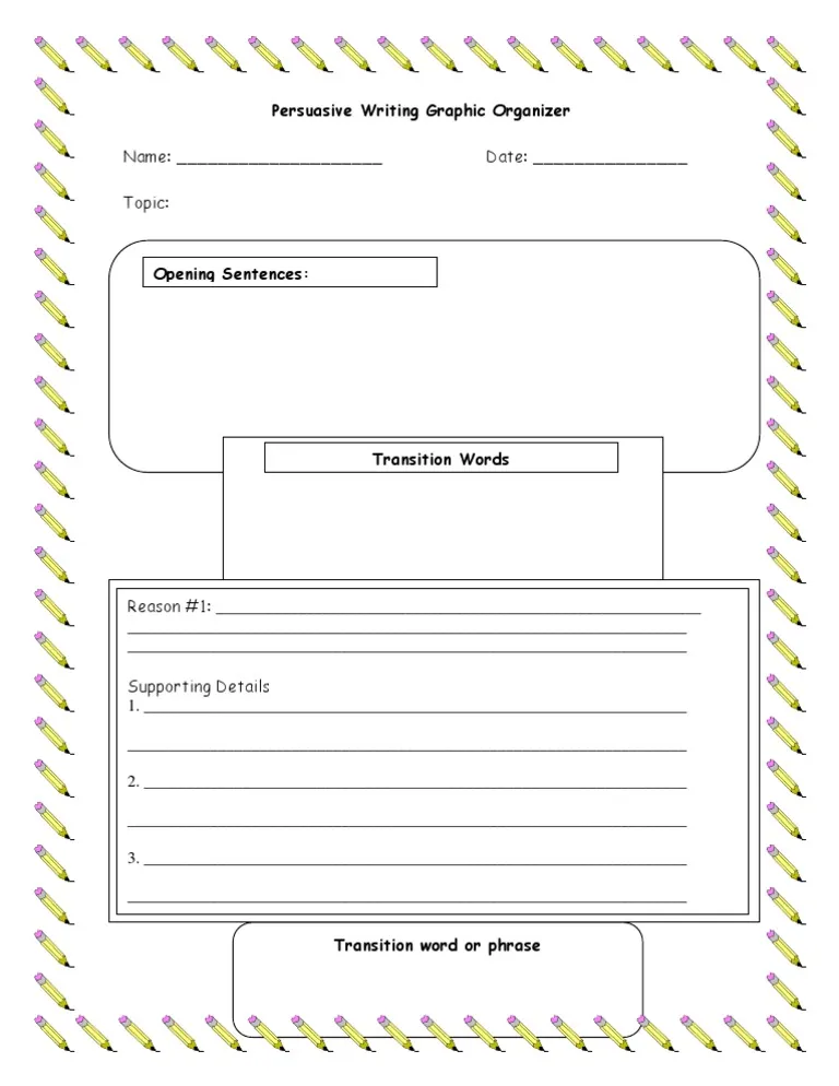 Persuasive Writing Organizer for Elementary Students Learning to Structure Arguments Third grade persuasive writing graphic organizer template showing spaces for topic sentence, supporting reasons, and concluding sentence with fraction examples