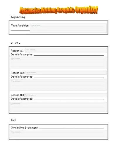 Third Grade Persuasive Writing Organizer Worksheet 19 Persuasive writing graphic organizer template for third grade students to organize topic sentence reasons and concluding sentence