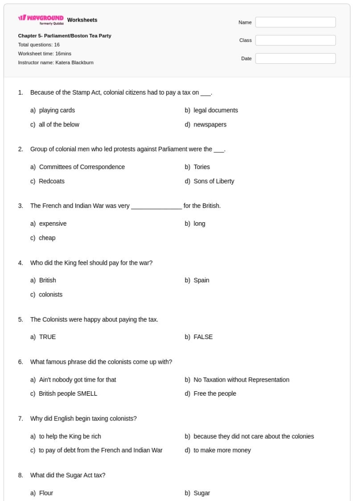 Third grade phonics worksheet illustrating the sequence of events during the Boston Tea Party