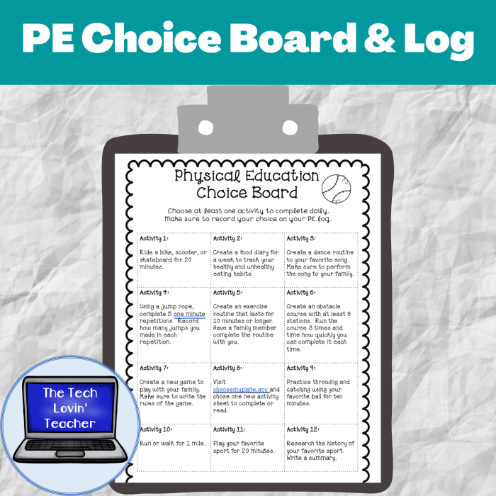 Interactive choice board for third-grade students focusing on integers and rational numbers through engaging physical activities Physical Education Choice Board worksheet featuring various fun activities for third graders to encourage movement and exercise