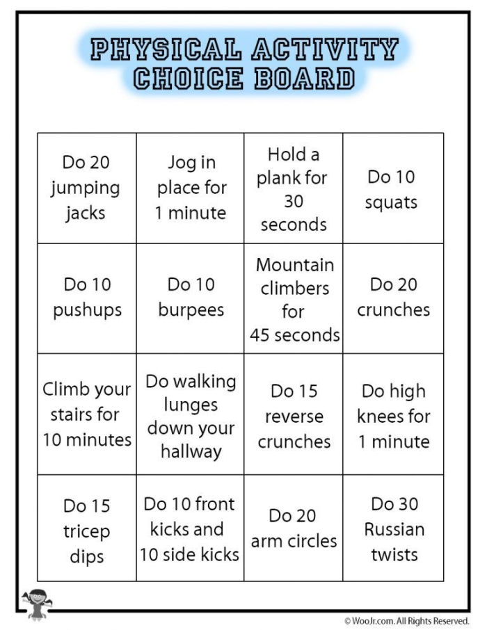 Engaging physical activity options for children to promote movement and fitness Physical Education Choice Board worksheet featuring various activities like yoga, games, and dance for third graders