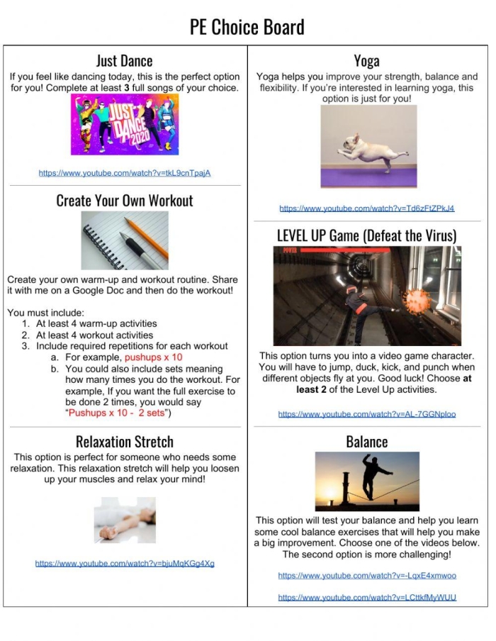 Third Grade Physical Education Activity Options for Movement and Fun Physical Education Choice Board worksheet featuring various activities for third graders to stay active and engaged
