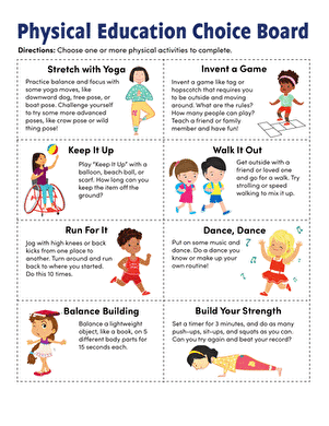 Engaging choices for physical activities designed to motivate kids to stay active Physical Education Choice Board worksheet featuring various fun activities for third graders