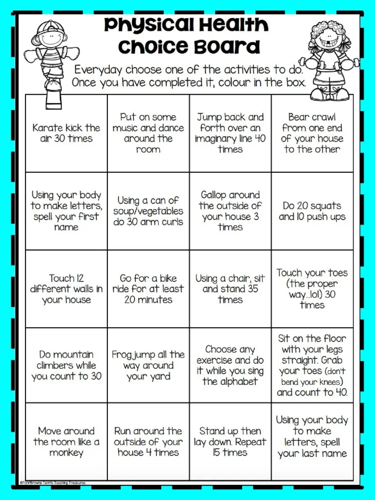 Inspiration for kids' physical activities including yoga, dancing, and games Physical Education Choice Board worksheet featuring various activities for third graders to stay active
