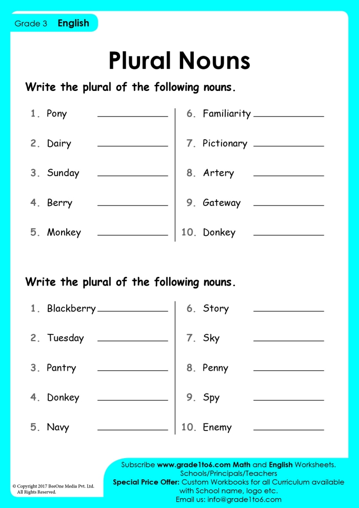 Third grade worksheet showing exercises for converting regular singular nouns to plural forms with practice examples