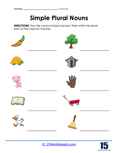 Third grade students practicing converting singular nouns to plural forms on a grammar worksheet activity