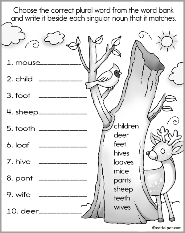 Third grade students practicing converting singular nouns to plural forms on a grammar worksheet activity