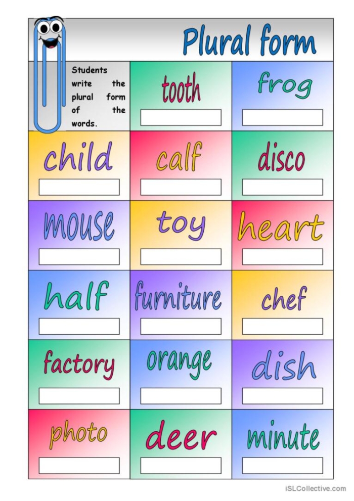 Third grade worksheet showing regular singular nouns converted to plural forms for practicing time and money vocabulary