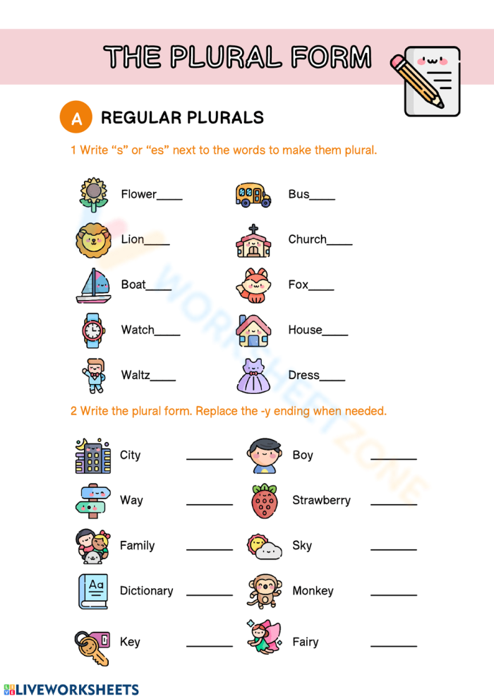 Third grade worksheet showing regular singular nouns converted to plural forms for practicing grammar skills