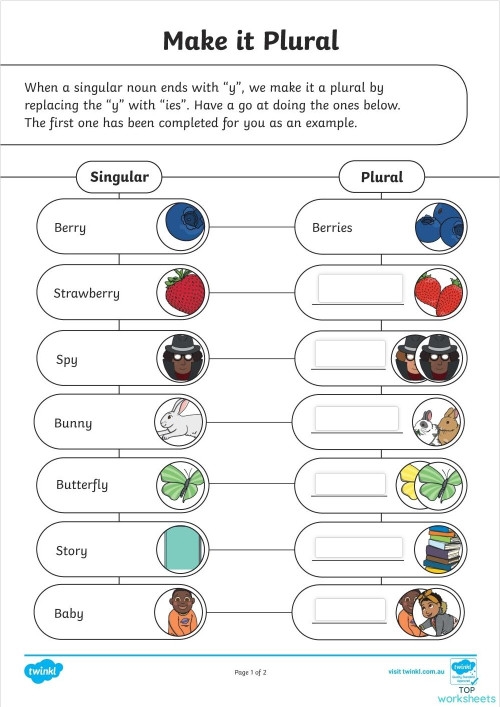 Third grade plural nouns practice worksheet showing singular to plural word conversion exercises for time and money vocabulary