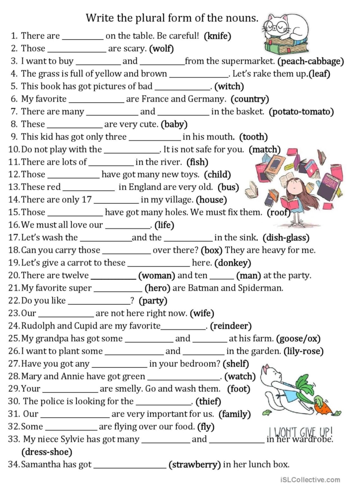 Third grade students practice converting singular nouns to plural forms on a time and money worksheet activity
