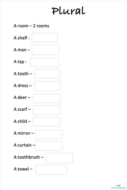 Third grade worksheet exercise showing singular and plural noun conversion practice activities for time and money vocabulary