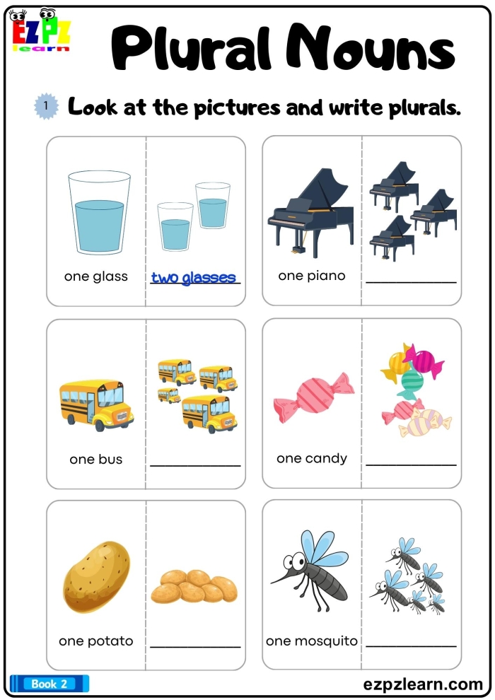 Third grade worksheet showing exercises for converting regular singular nouns to plural forms with pictures and fill-in-the-blank spaces for practice number 23
