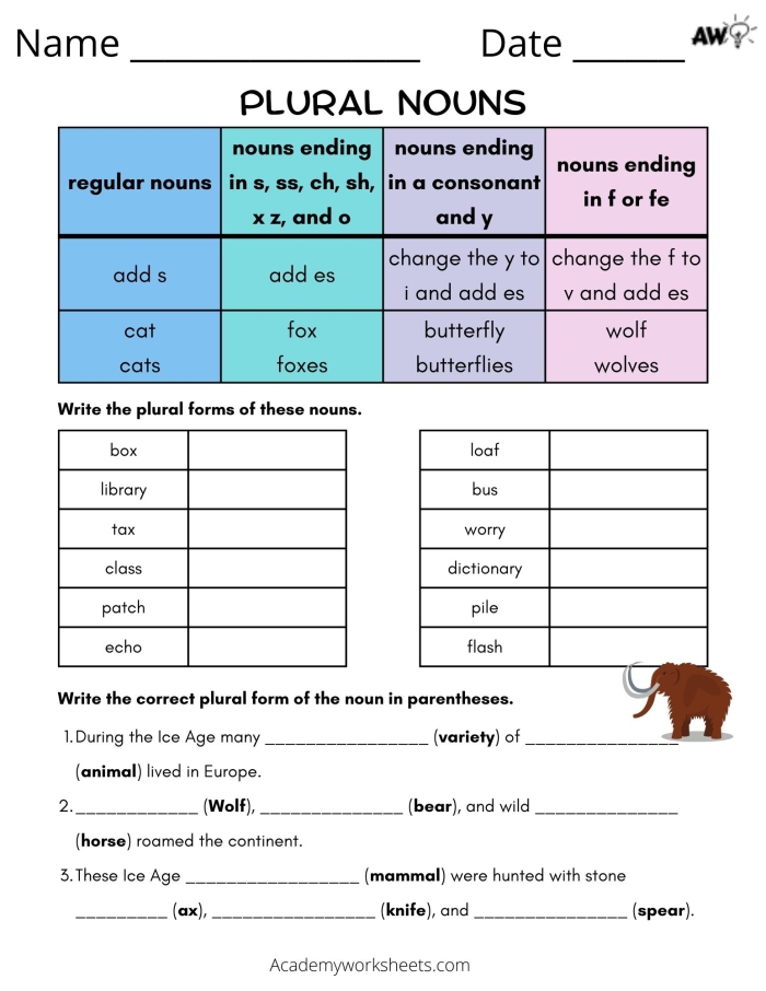 Third grade worksheet showing regular singular nouns being converted to plural forms for practicing time and money vocabulary