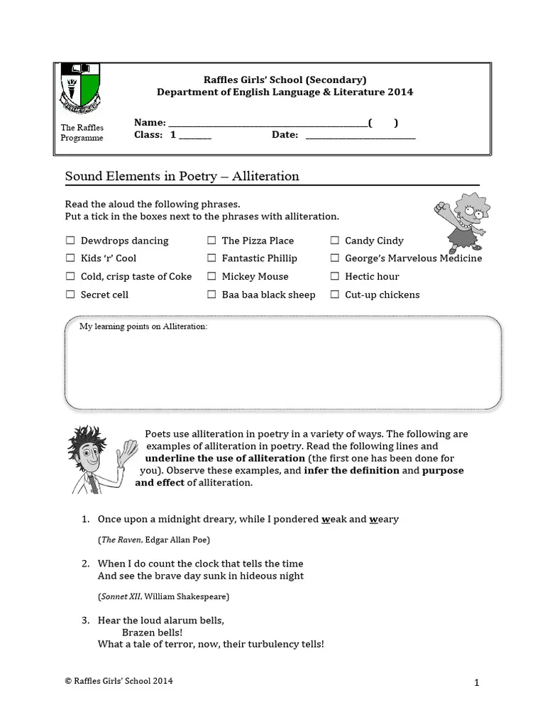 Alliteration in Poetry worksheet featuring a springtime poem activity Third grade students identifying alliteration in the poem Casey at the Bat