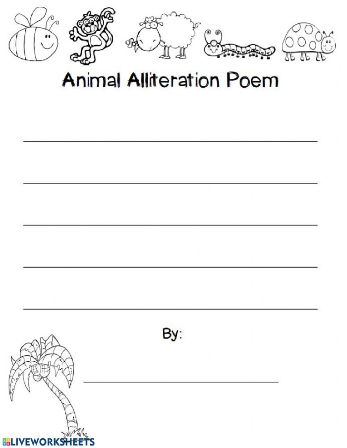 Alliteration in Poetry worksheet featuring springtime sounds in Casey at the Bat Third grade students practicing alliteration with the poem Casey at the Bat