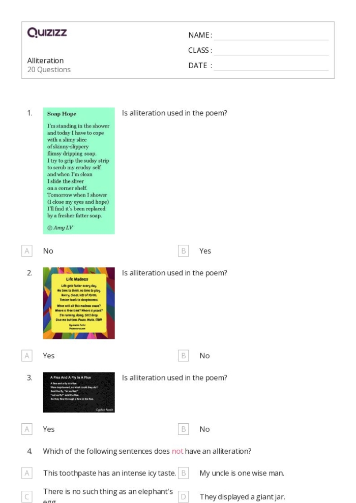 Alliteration in Poetry worksheet featuring repeated sounds with Casey at the Bat for third graders Third grade students identifying alliteration in the poem Casey at the Bat during a springtime writing activity
