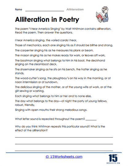 Worksheet for practicing alliteration in poetry with a spring-themed Casey at the Bat poem activity Third grade students identifying alliteration in the poem Casey at the Bat on a worksheet