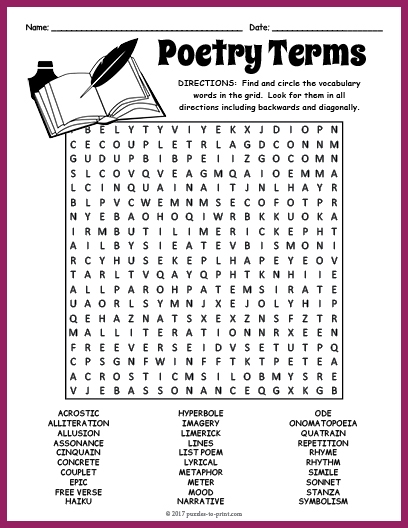 Engaging poetry word search activity for learning about different types of poetry Poetry word search worksheet designed for third graders to explore various poetry forms